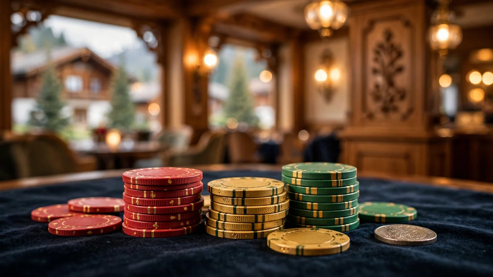 Stapel Casino-Chips auf einem Filztisch in einem eleganten österreichischen Casino