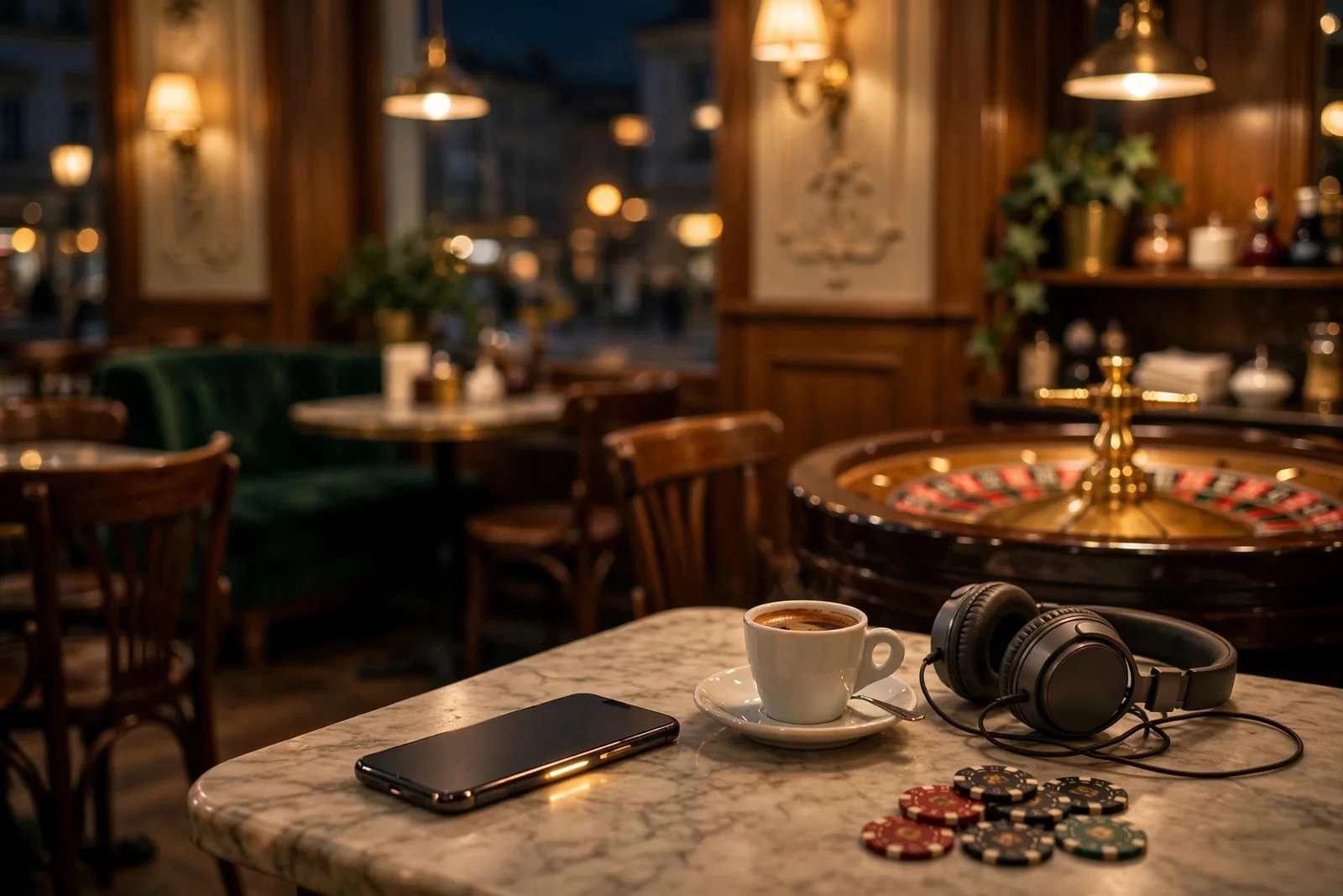 Smartphone auf einem Wiener Kaffeetisch mit Casino-Chips im Hintergrund