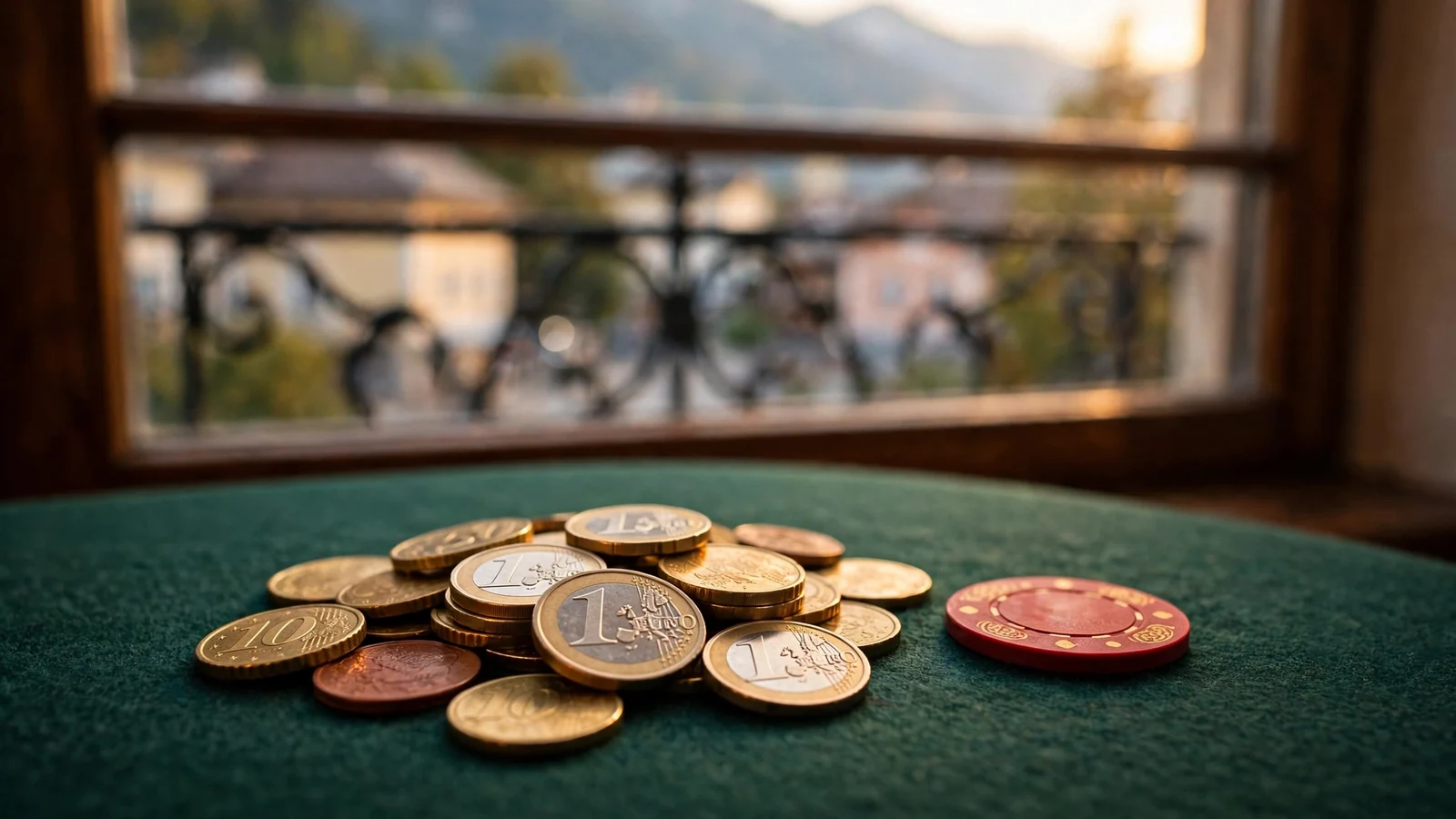 Goldene Euro-Münzen und Casino-Chip auf grünem Filz, Österreich-Kulisse im Hintergrund.