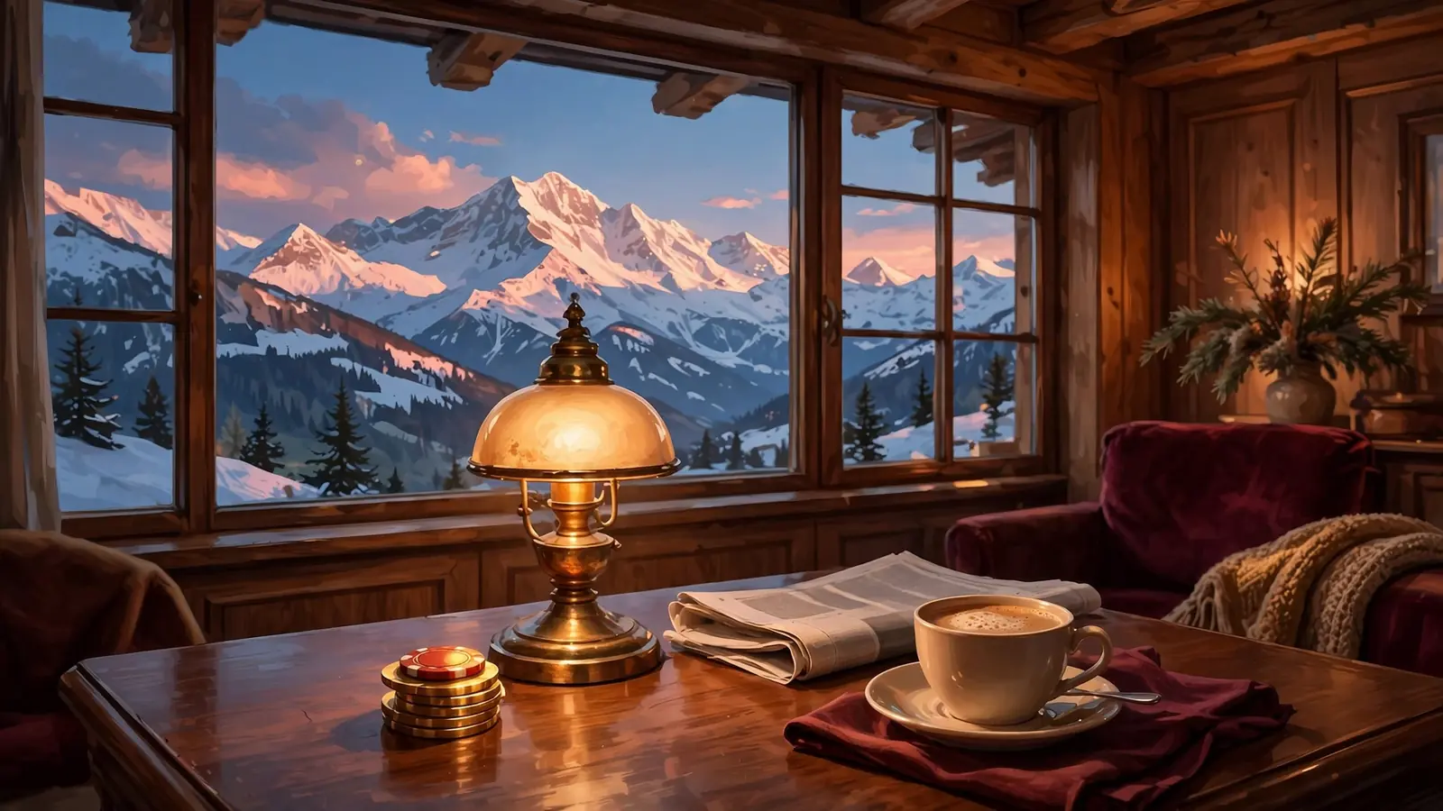 Gemütliche österreichische Casino-Lounge mit Chips und Alpenblick