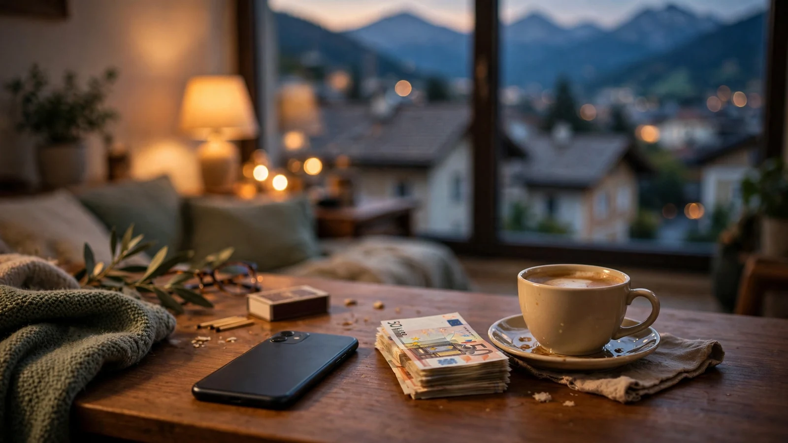 Smartphone auf dem Tisch mit Euro-Geldscheinen in einem österreichischen Wohnzimmer bei Abendlicht