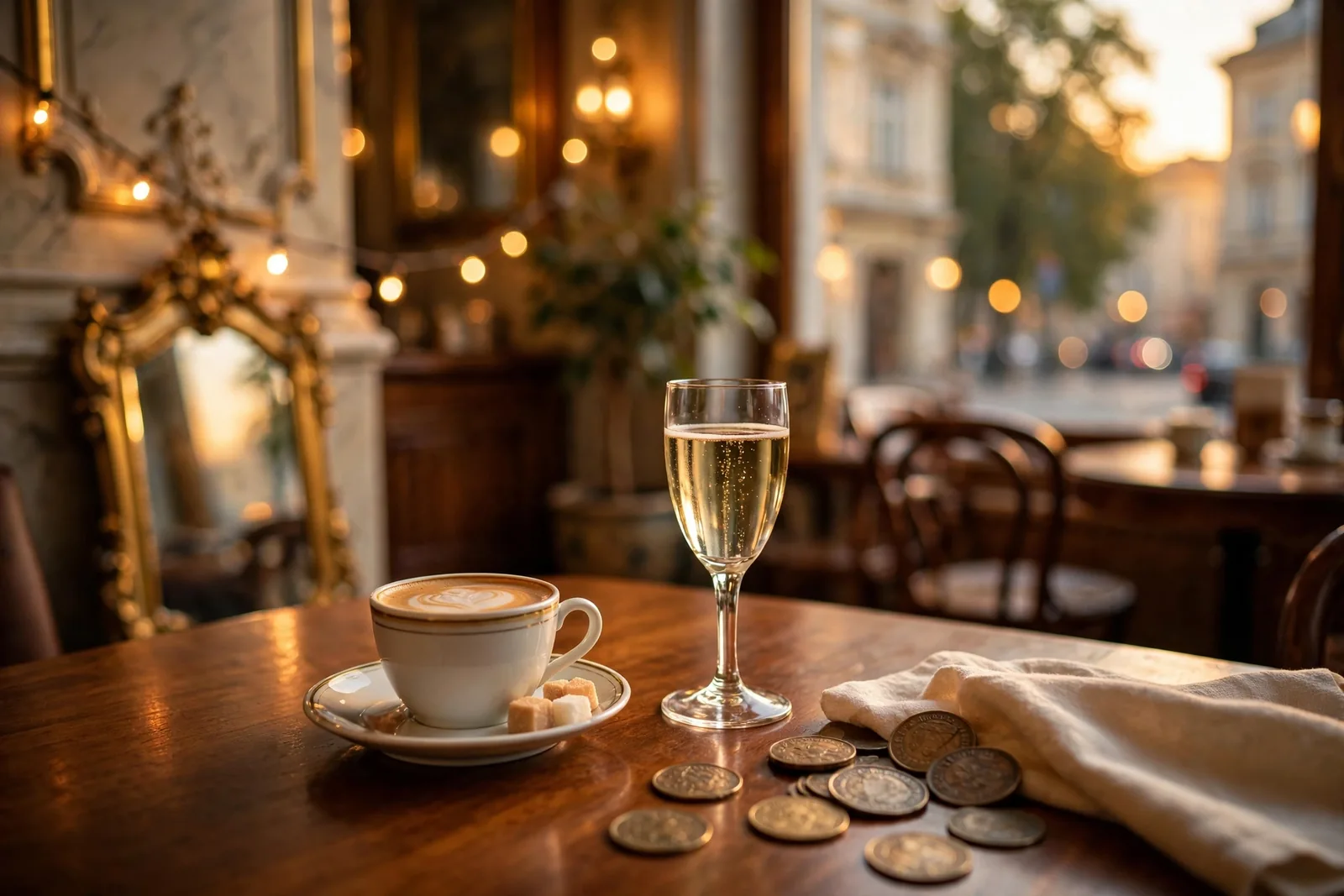 Wiener Kaffeehaus mit Melange, Sekt und goldenen Münzen