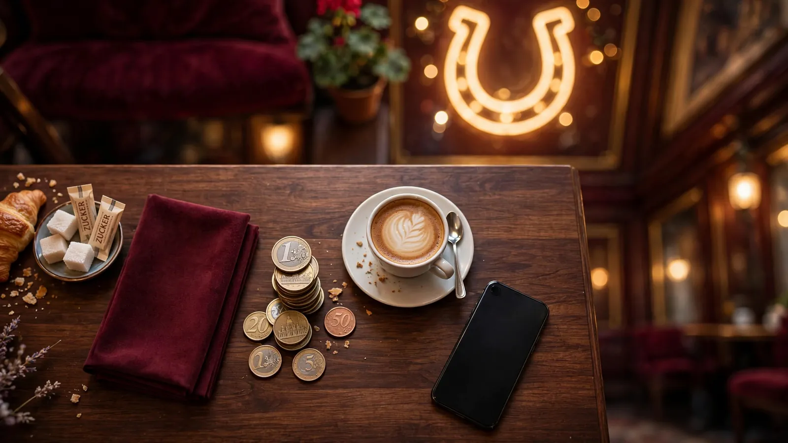 Stilvolle Wiener Kaffeehaus-Szene mit Smartphone und Münzen als Symbol für Casino-Boni
