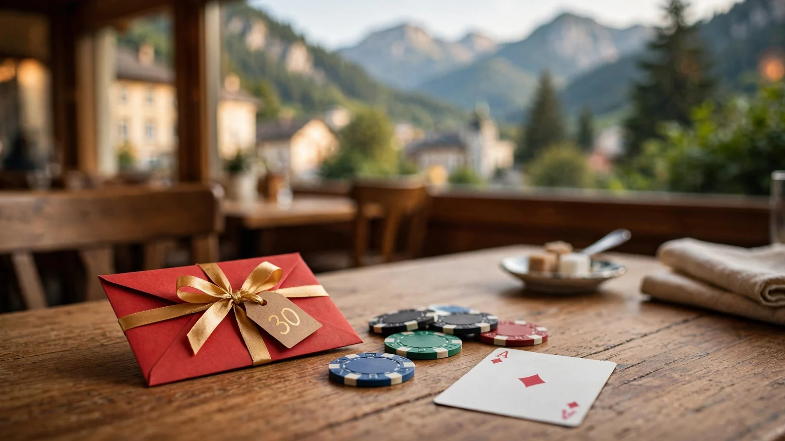 Roter Geschenkumschlag mit Casino-Chips und Spielkarte auf Holztisch