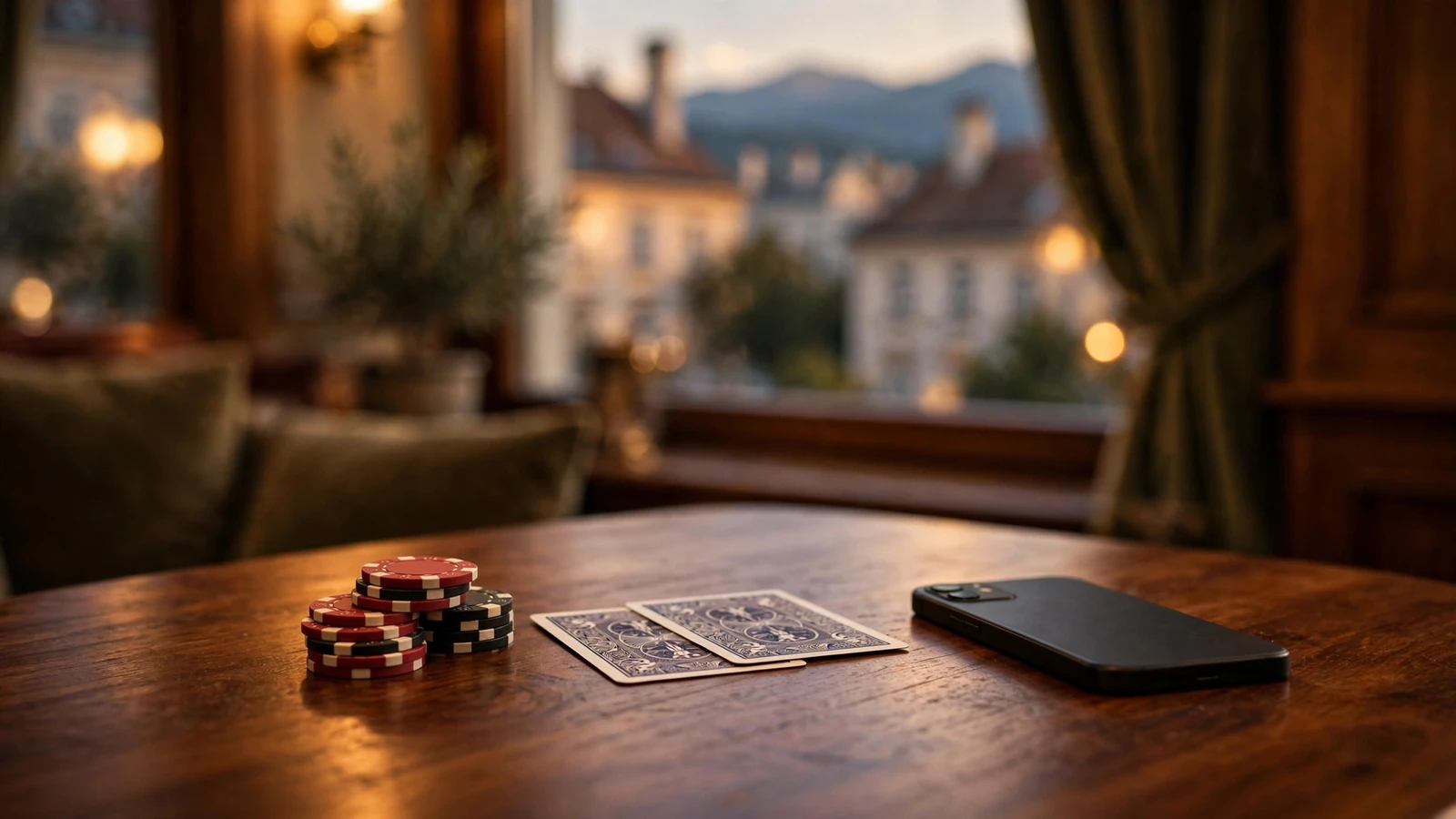 Gemütliche österreichische Szene mit Casino-Chips und Spielkarten auf einem Holztisch