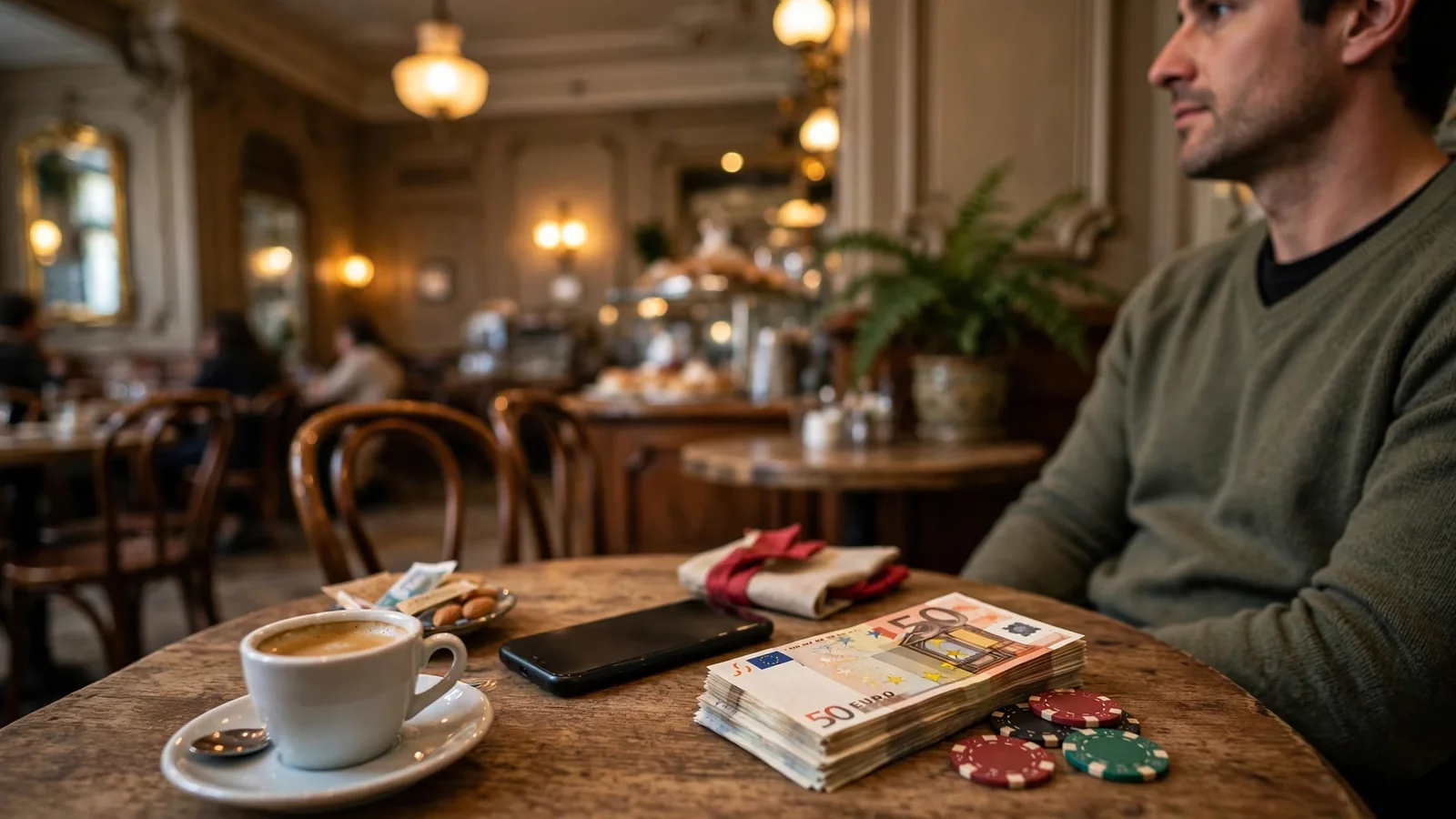 Person in Wiener Café mit Smartphone und Casino-Chips