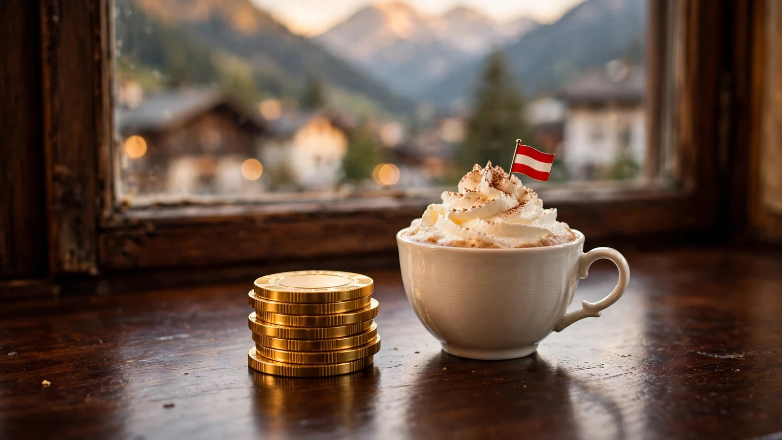Goldene Casino-Chips neben Wiener Melange und österreichischer Flagge auf Holztisch