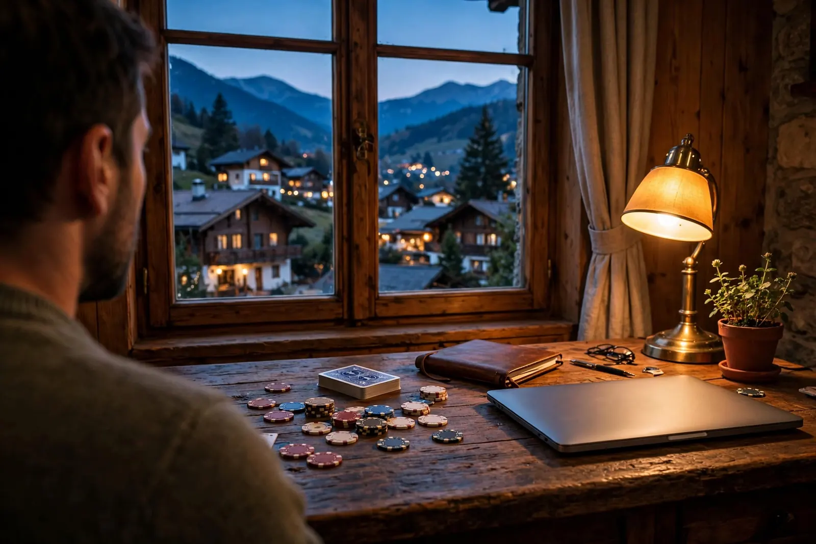 Abendliche Studienszene mit Casino-Chips und Karten auf einem Schreibtisch