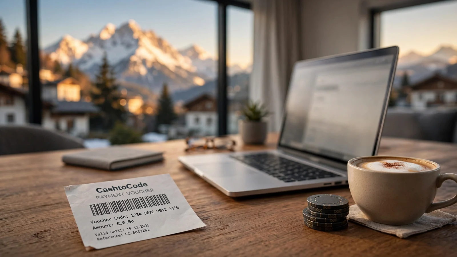 CashtoCode-Gutschein auf Schreibtisch mit Laptop, Kaffee und Alpenblick