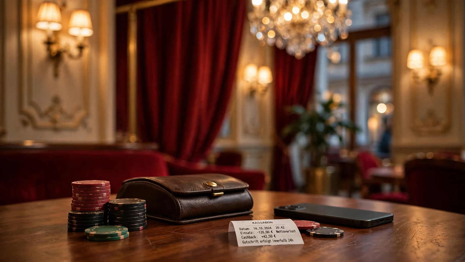 Stapel Casino-Chips auf Holztisch in elegantem österreichischem Casino-Ambiente
