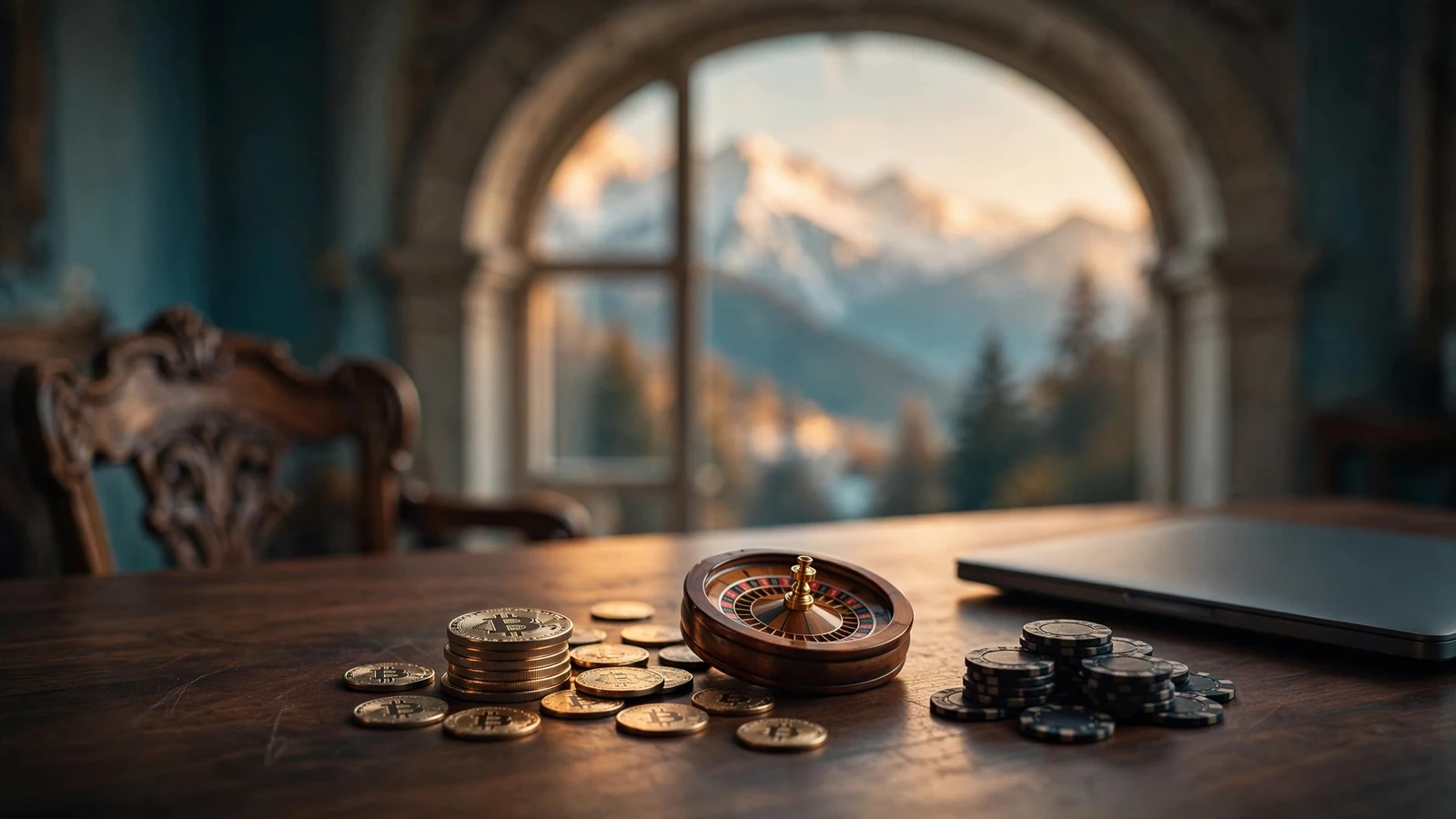 Bitcoin-Münzen, Roulette und Casino-Chips auf Schreibtisch mit Alpenblick