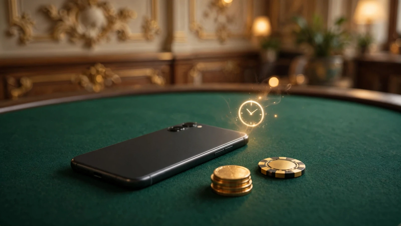 Smartphone mit Goldmünzen und Casino-Chip auf grünem Filztisch in Wiener Atmosphäre