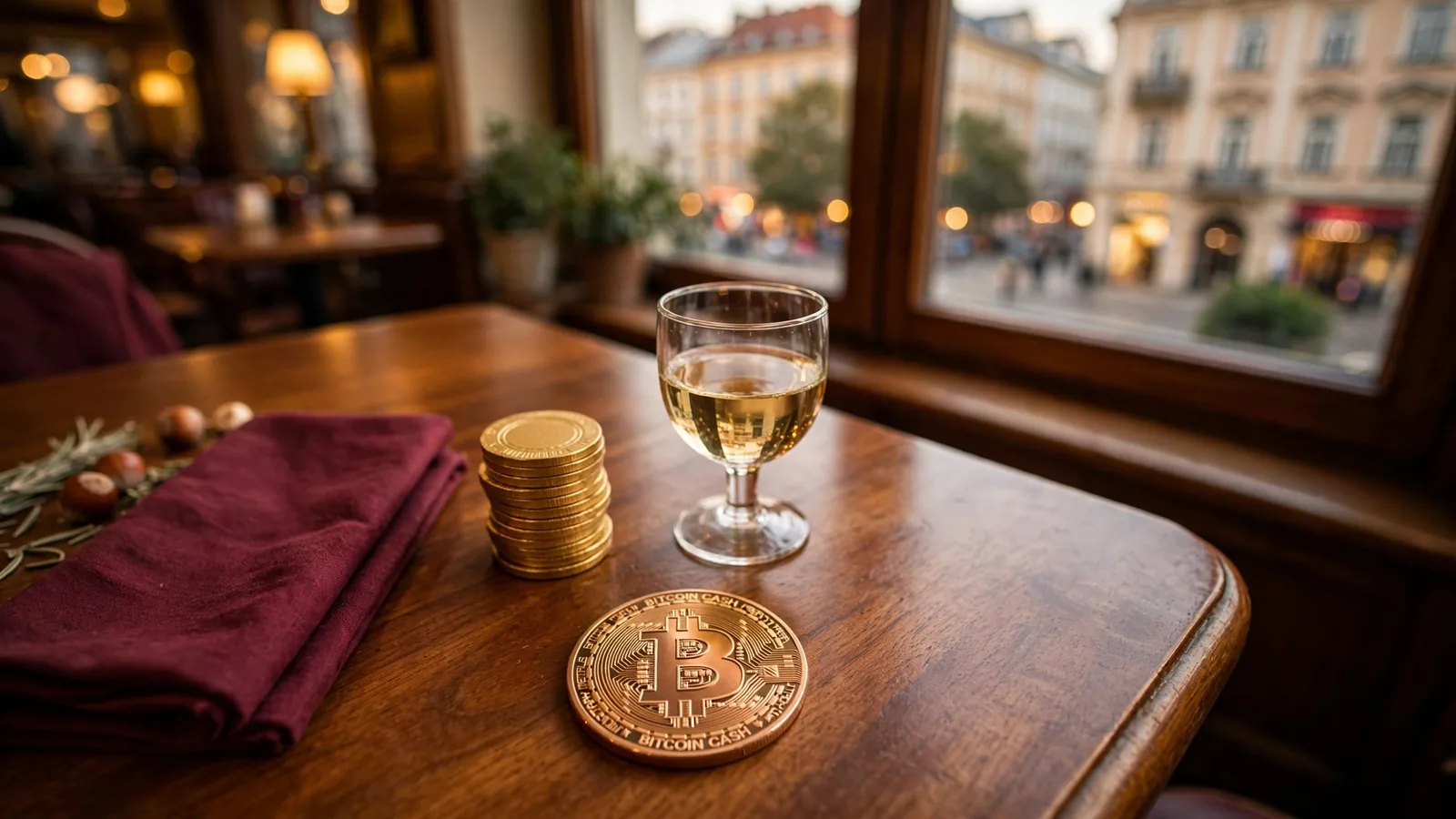 Wiener Kaffeehaustisch mit Casino-Chips und Bitcoin-Cash-Münze im warmen Licht