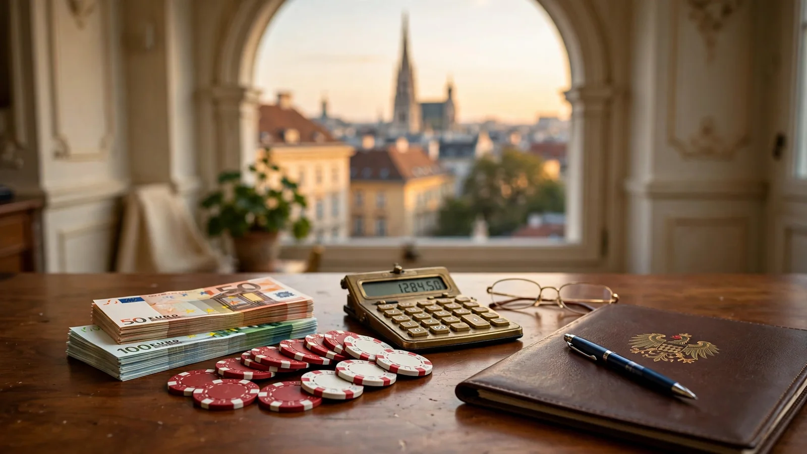 Schreibtisch mit Euro-Scheinen, Casino-Jetons und Steuerunterlagen vor Wiener Skyline