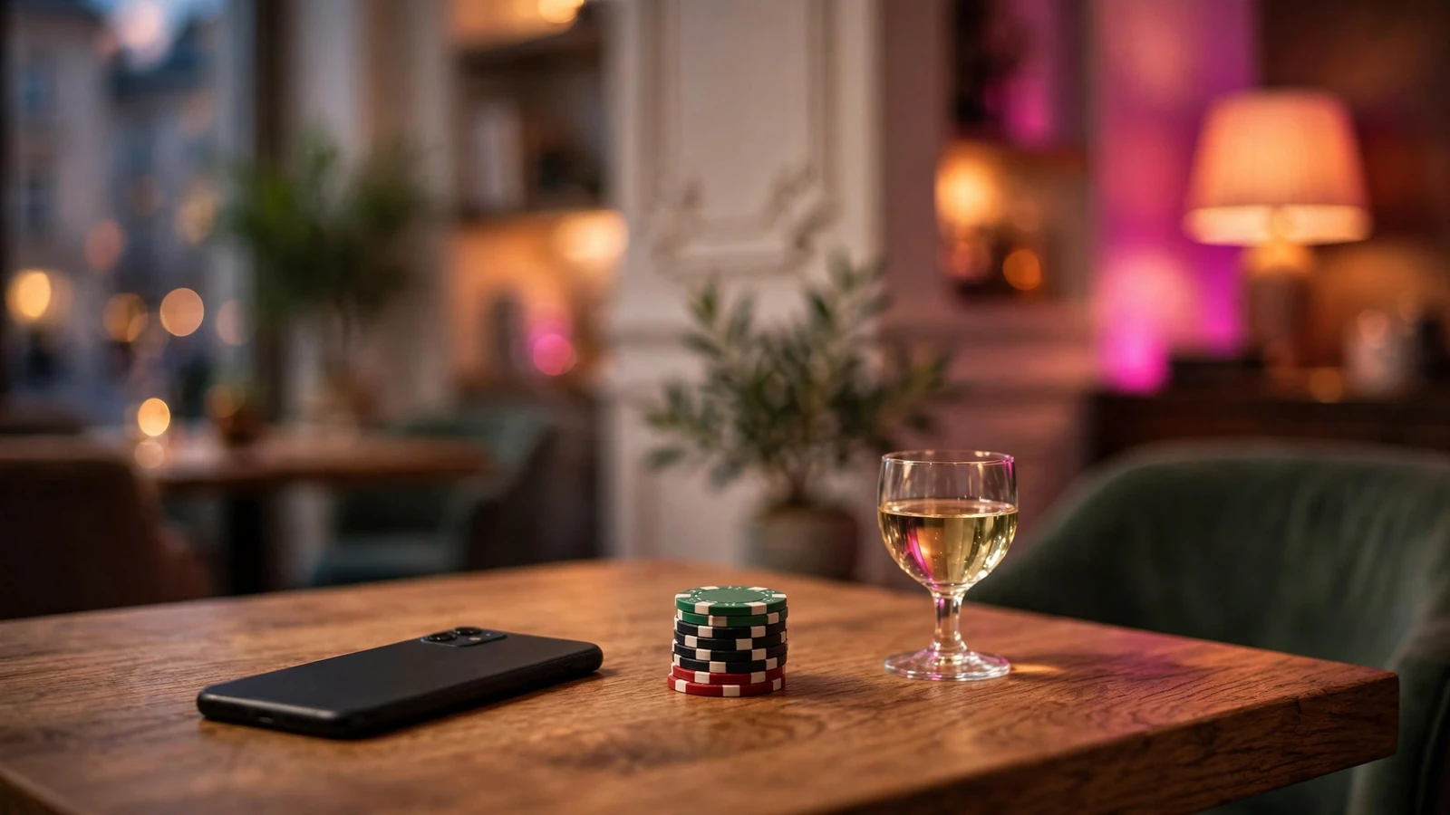 Smartphone neben Casino-Chips in warmem Wiener Ambiente