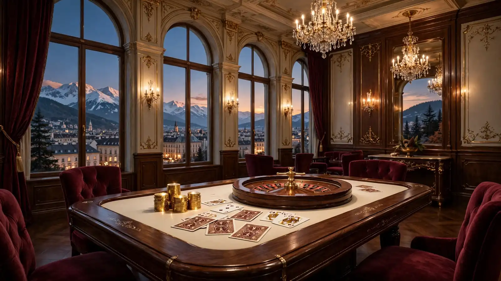 Elegante österreichische Casino-Lounge mit Roulette-Tisch, Spielchips und Alpenblick durch Bogenfenster