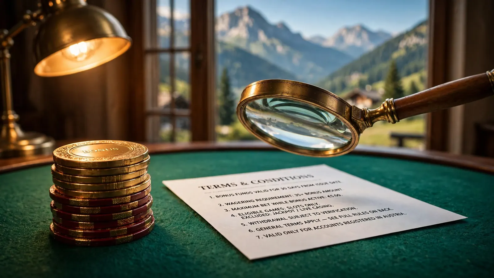 Casino-Chips und Lupe über Bonusbedingungen mit Alpenfenster im Hintergrund