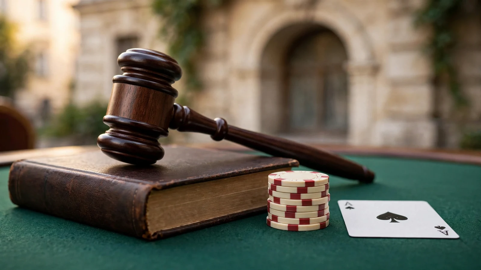 Richterhammer auf Gesetzbuch vor Spielchips auf grünem Filz, Wiener Architektur im Hintergrund