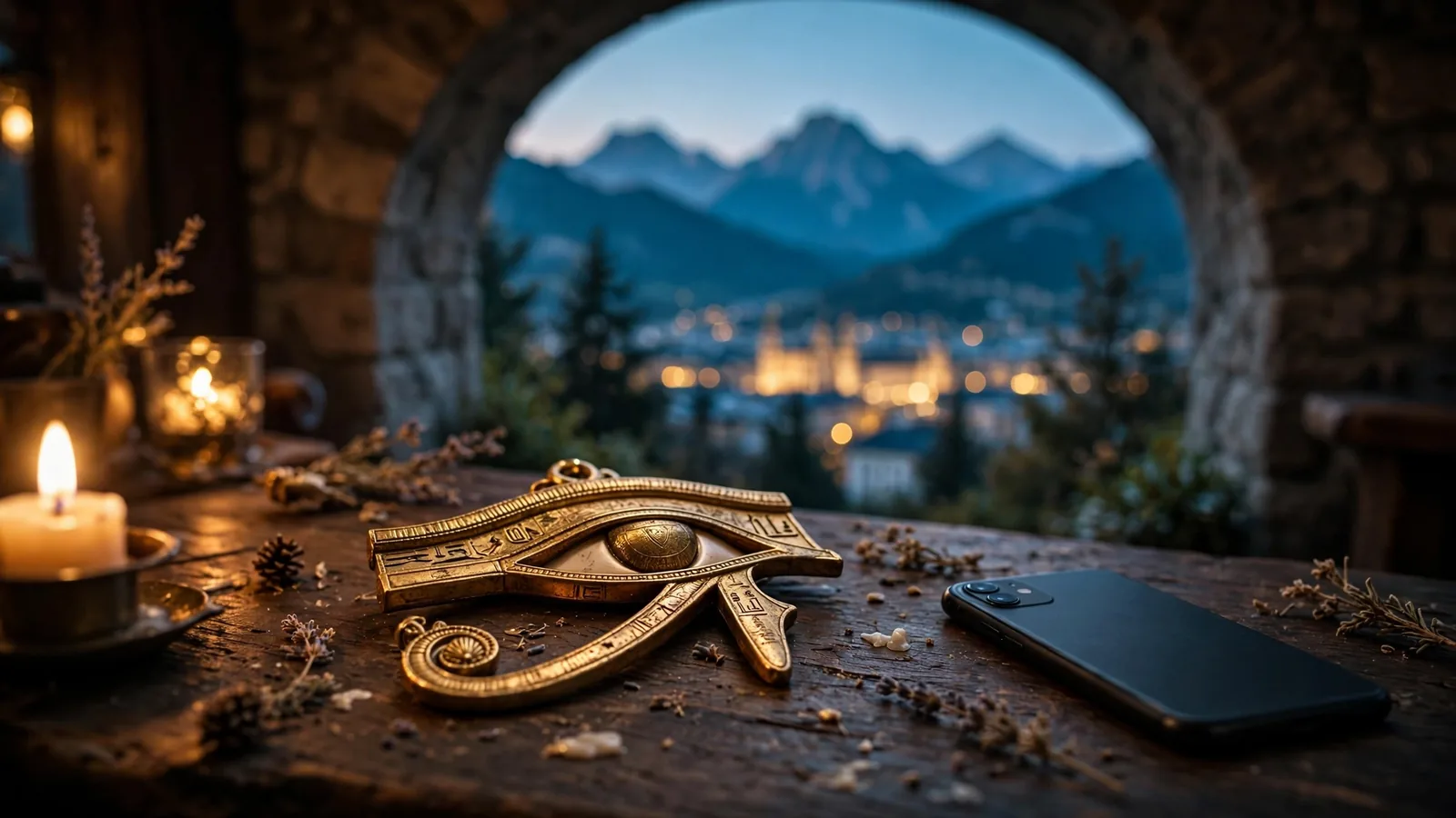 Goldener Eye of Horus Anhänger auf Holztisch vor österreichischen Alpen bei Dämmerung