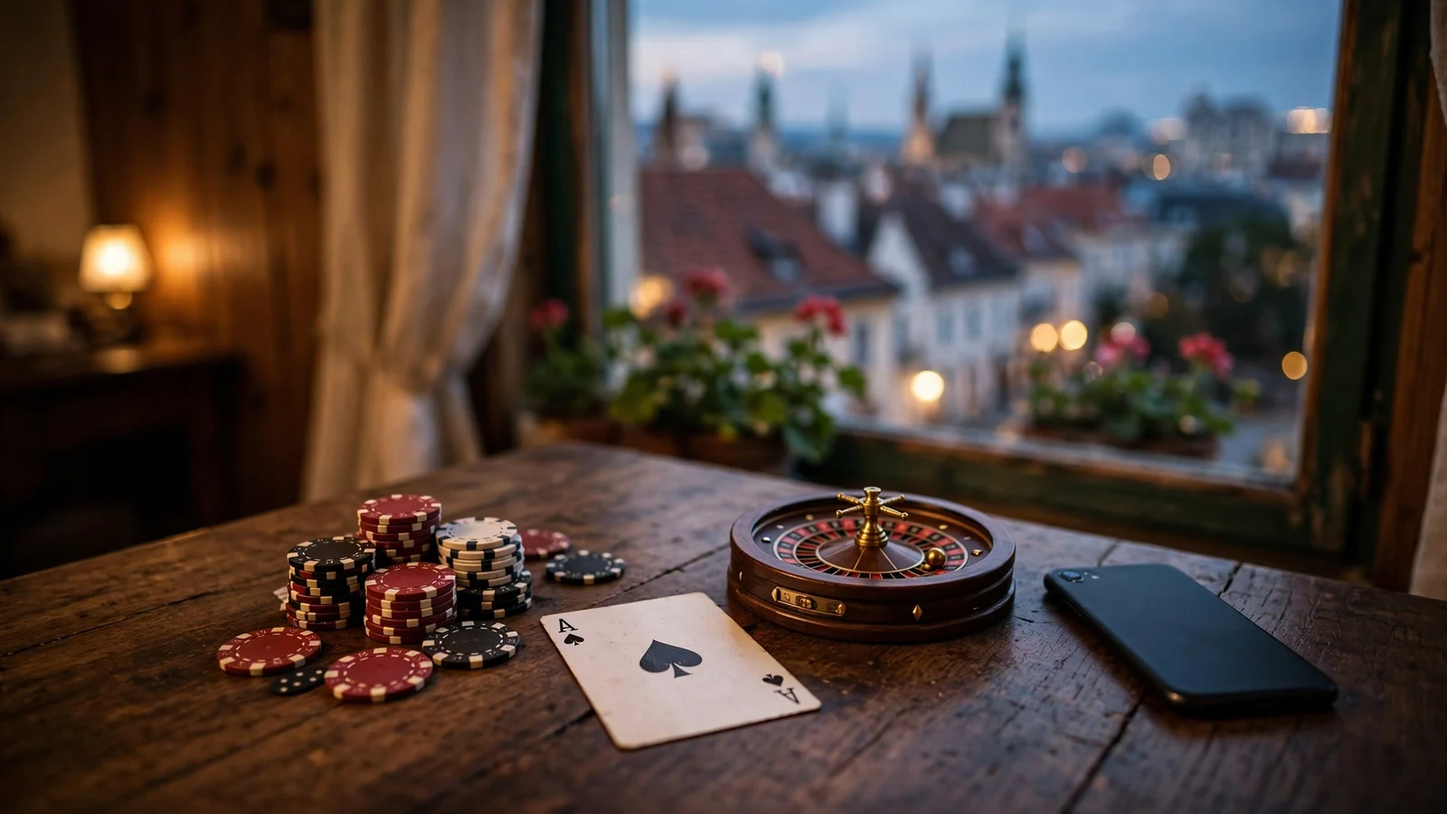 Casino-Chips und Roulette in österreichischem Wohnzimmer bei Abendlicht
