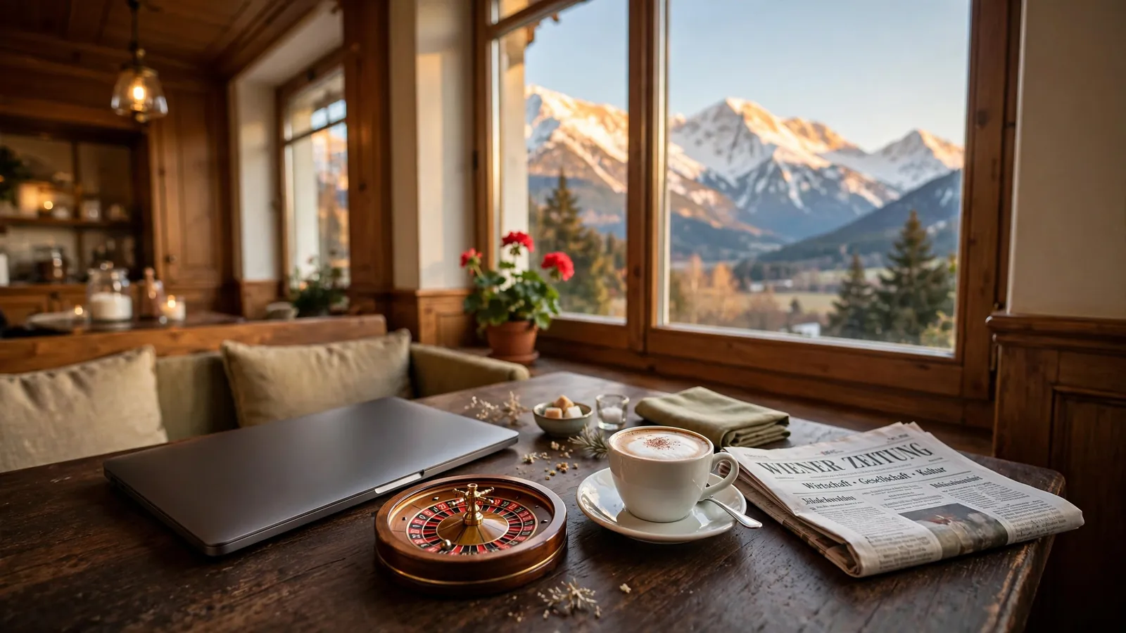 Laptop auf Holztisch in Wiener Kaffeehaus mit Roulette-Rad und Alpenblick