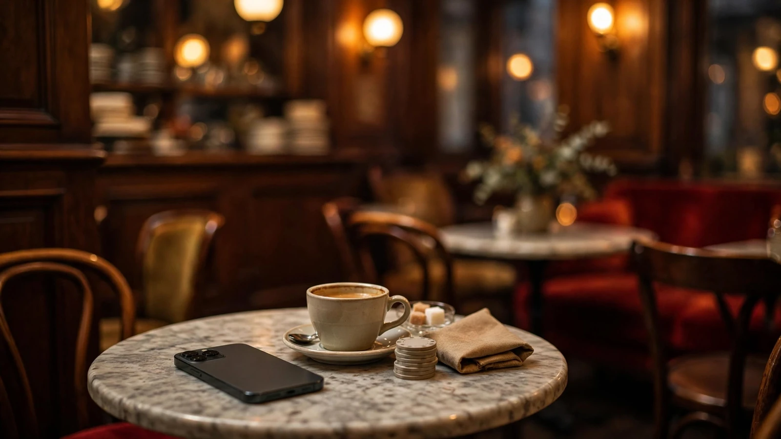 Smartphone auf einem Marmortisch in einem Wiener Kaffeehaus mit Spielchips und Kaffeetasse