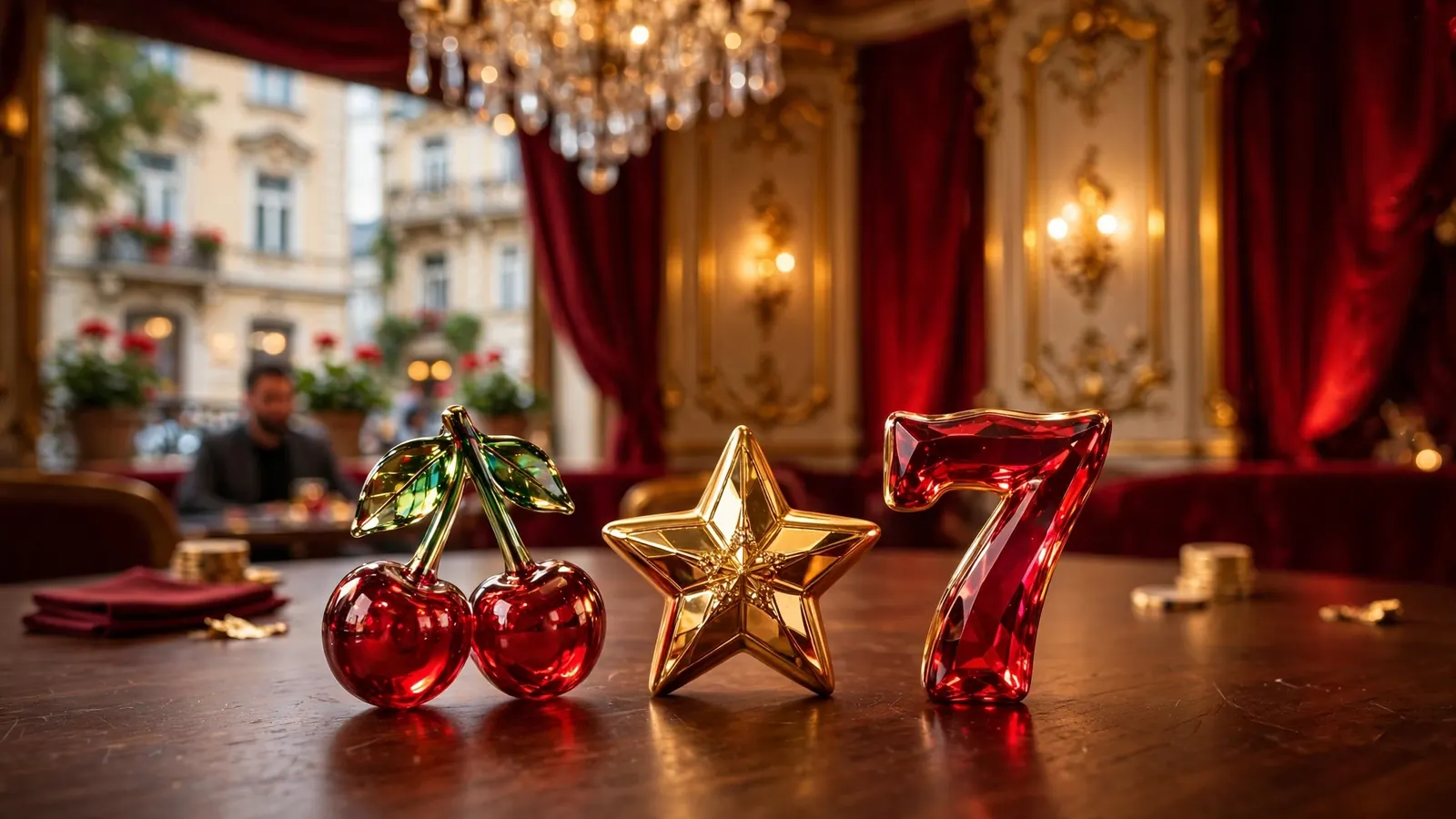 Elegante Wiener Casino-Lounge mit warmem Licht und Sizzling-Hot-Fruchtsymbolen auf einem Holztisch