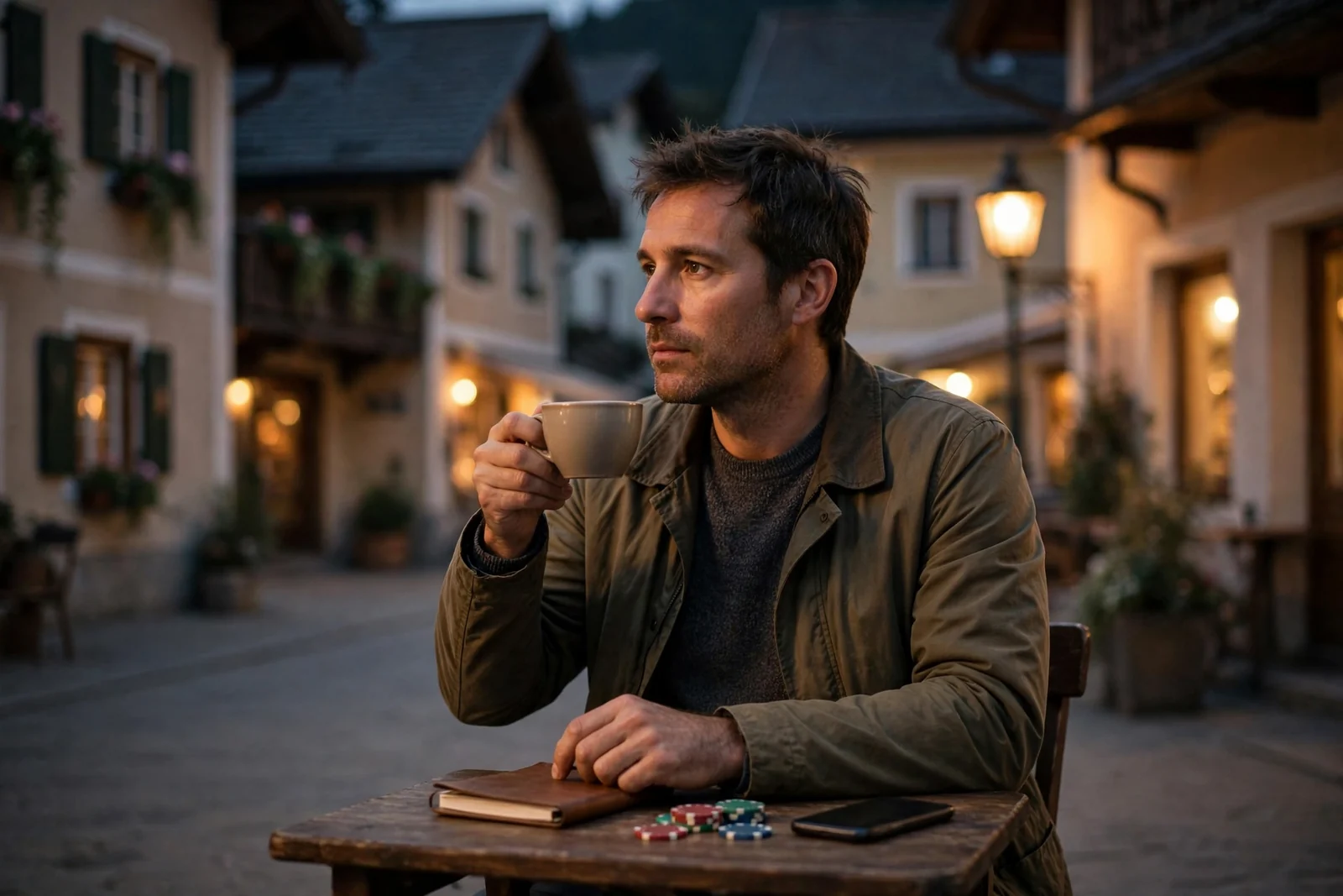 Mann nachdenklich mit Kaffee und Casino-Chips am Tisch